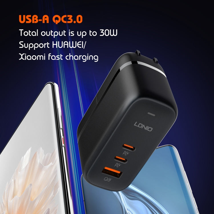 LDNIO Q366 65W USB + Dual Type-C Port Charger with 1m USB-C / Type-C to USB-C / Type-C Data Cable, Plug Type:UK Plug(Black)