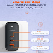 LDNIO Q366 65W USB + Dual Type-C Port Charger with 1m USB-C / Type-C to USB-C / Type-C Data Cable, Plug Type:EU Plug(Black)