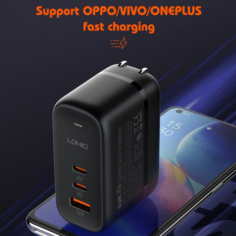 LDNIO Q366 65W USB + Dual Type-C Port Charger with 1m USB-C / Type-C to USB-C / Type-C Data Cable, Plug Type:UK Plug(Black)
