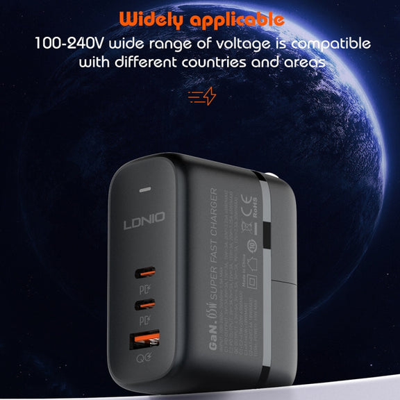 LDNIO Q366 65W USB + Dual Type-C Port Charger with 1m USB-C / Type-C to USB-C / Type-C Data Cable, Plug Type:UK Plug(Black)