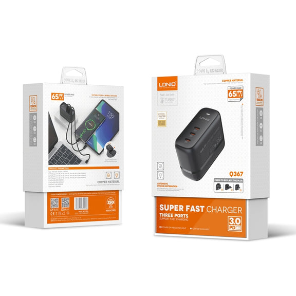 LDNIO Q367 65W GaN 3 x USB-C / Type-C Interface Charger with 1m USB-C / Type-C to USB-C / Type-C Data Cable, Plug Type:EU Plug(Black)