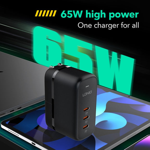 LDNIO Q367 65W GaN 3 x USB-C / Type-C Interface Charger with 1m USB-C / Type-C to USB-C / Type-C Data Cable, Plug Type:EU Plug(Black)