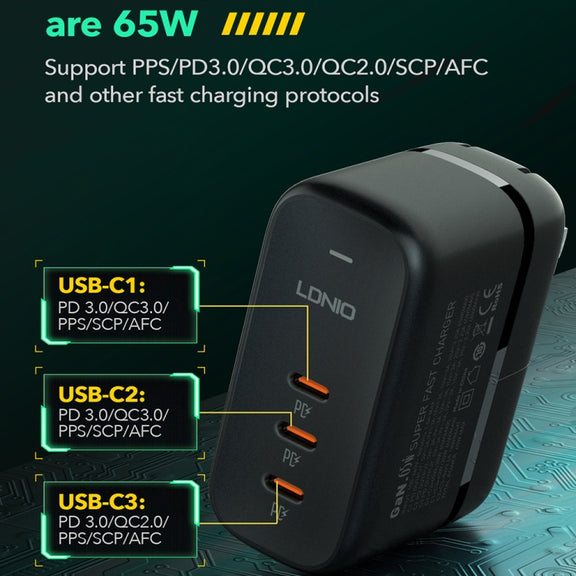 LDNIO Q367 65W GaN 3 x USB-C / Type-C Interface Charger with 1m USB-C / Type-C to USB-C / Type-C Data Cable, Plug Type:EU Plug(Black)