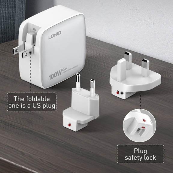 LDNIO Q408 100W GaN USB+3 USB-C / Type-C Interface Charger with 1m 100W USB-C / Type-C to USB-C / Type-C Data Cable, Plug Type:UK Plug(Black)
