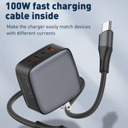 LDNIO Q408 100W GaN USB+3 USB-C / Type-C Interface Charger with 1m 100W USB-C / Type-C to USB-C / Type-C Data Cable, Plug Type:UK Plug(Black)