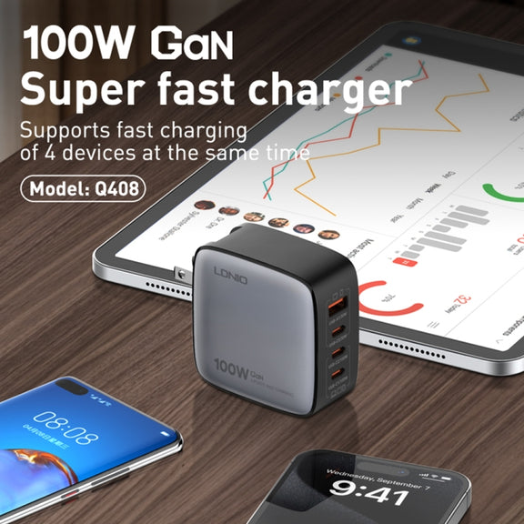 LDNIO Q408 100W GaN USB+3 USB-C / Type-C Interface Charger with 1m 100W USB-C / Type-C to USB-C / Type-C Data Cable, Plug Type:EU Plug(Black)