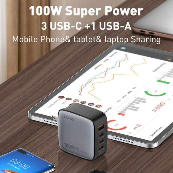 LDNIO Q408 100W GaN USB+3 USB-C / Type-C Interface Charger with 1m 100W USB-C / Type-C to USB-C / Type-C Data Cable, Plug Type:EU Plug(Black)