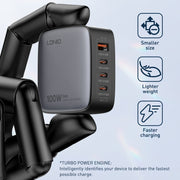 LDNIO Q408 100W GaN USB+3 USB-C / Type-C Interface Charger with 1m 100W USB-C / Type-C to USB-C / Type-C Data Cable, Plug Type:UK Plug(Black)