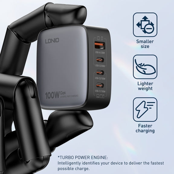 LDNIO Q408 100W GaN USB+3 USB-C / Type-C Interface Charger with 1m 100W USB-C / Type-C to USB-C / Type-C Data Cable, Plug Type:UK Plug(Black)