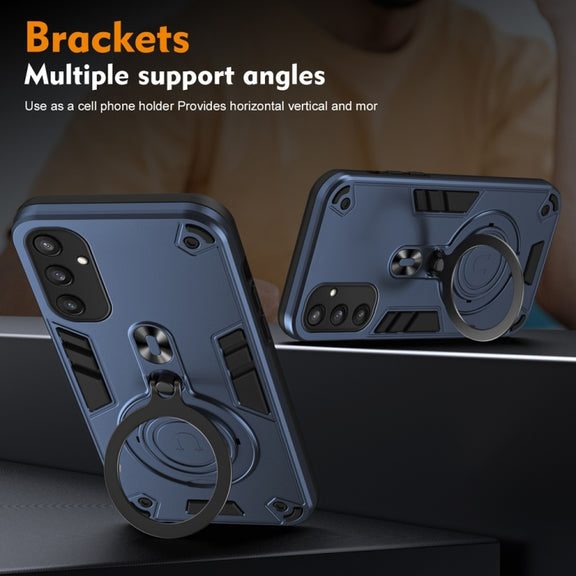 For Samsung Galaxy S25 5G Metal Ring 360 Degree Rotating Holder PC Hybrid TPU Phone Case(Navy Blue)