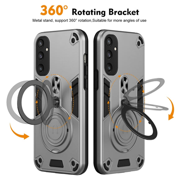 For Samsung Galaxy S25 5G Metal Ring 360 Degree Rotating Holder PC Hybrid TPU Phone Case(Silver Grey)
