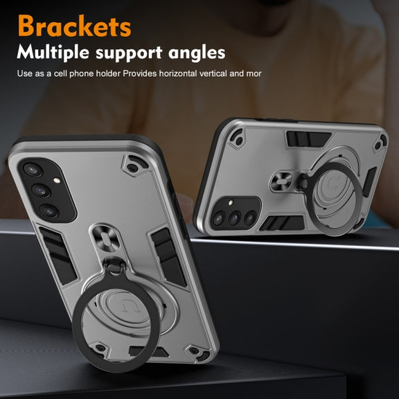 For Samsung Galaxy S25 5G Metal Ring 360 Degree Rotating Holder PC Hybrid TPU Phone Case(Silver Grey)