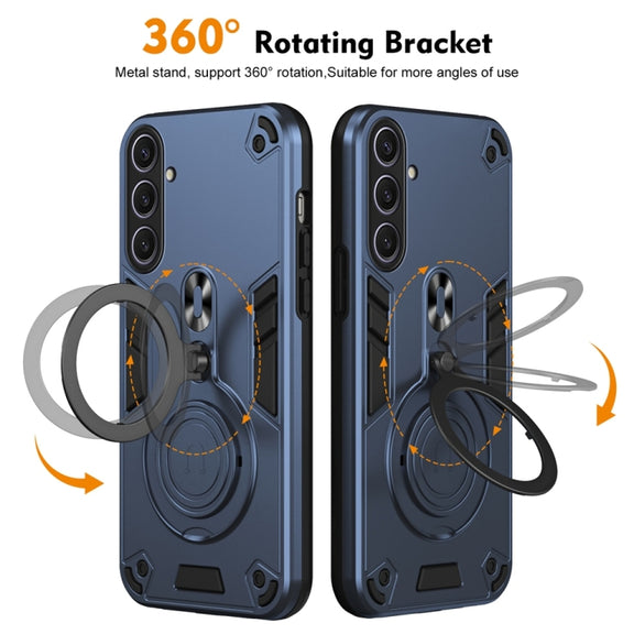 For Samsung Galaxy S25+ 5G Metal Ring 360 Degree Rotating Holder PC Hybrid TPU Phone Case(Navy Blue)
