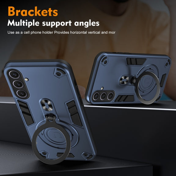 For Samsung Galaxy S25+ 5G Metal Ring 360 Degree Rotating Holder PC Hybrid TPU Phone Case(Navy Blue)