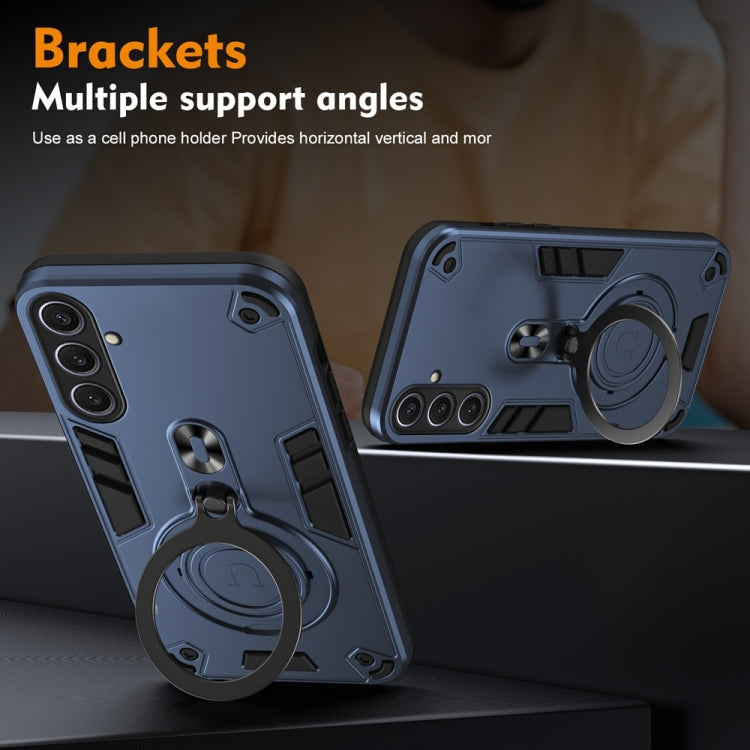 For Samsung Galaxy S25+ 5G Metal Ring 360 Degree Rotating Holder PC Hybrid TPU Phone Case(Navy Blue)