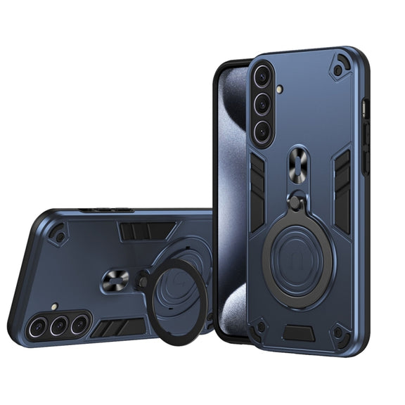 For Samsung Galaxy S25+ 5G Metal Ring 360 Degree Rotating Holder PC Hybrid TPU Phone Case(Navy Blue)