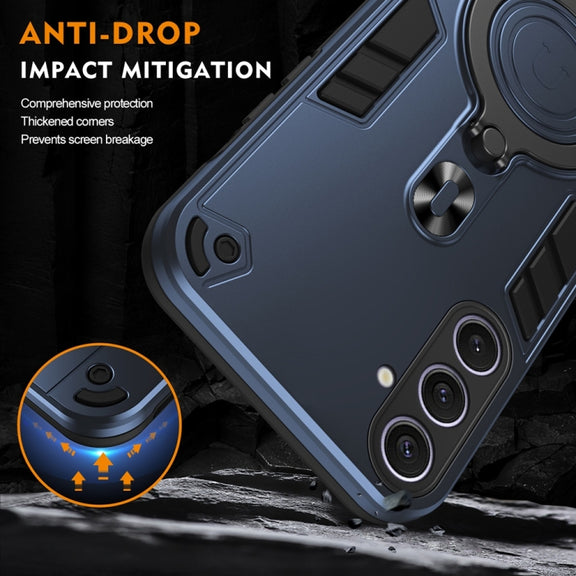 For Samsung Galaxy S25+ 5G Metal Ring 360 Degree Rotating Holder PC Hybrid TPU Phone Case(Navy Blue)