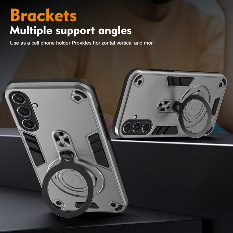 For Samsung Galaxy S25+ 5G Metal Ring 360 Degree Rotating Holder PC Hybrid TPU Phone Case(Silver Grey)