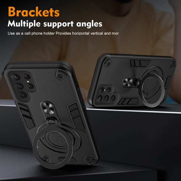 For Samsung Galaxy S25 Ultra 5G Metal Ring 360 Degree Rotating Holder PC Hybrid TPU Phone Case(Black)