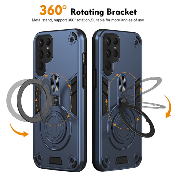 For Samsung Galaxy S25 Ultra 5G Metal Ring 360 Degree Rotating Holder PC Hybrid TPU Phone Case(Navy Blue)