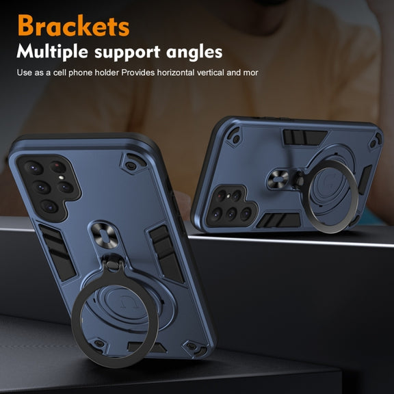 For Samsung Galaxy S25 Ultra 5G Metal Ring 360 Degree Rotating Holder PC Hybrid TPU Phone Case(Navy Blue)