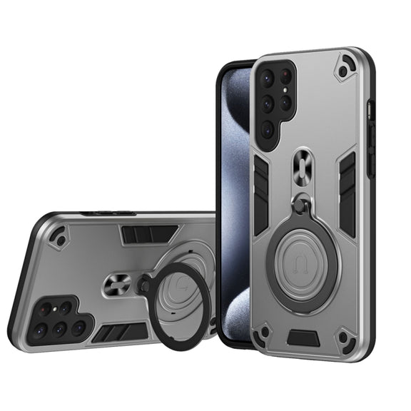 For Samsung Galaxy S25 Ultra 5G Metal Ring 360 Degree Rotating Holder PC Hybrid TPU Phone Case(Silver Grey)