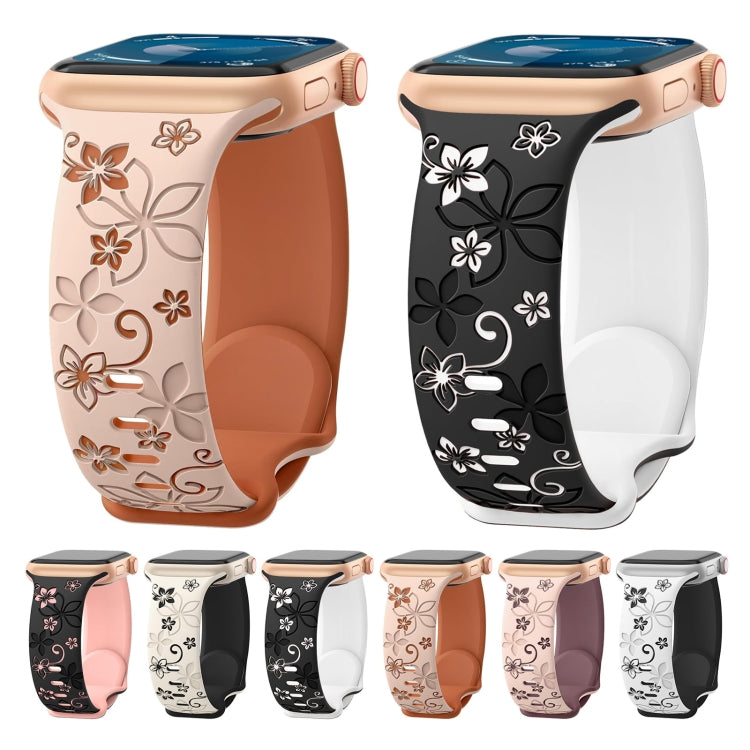 For Apple Watch Series 3 38mm Bauhinia Two-color Embossed Silicone Watch Band(Starlight Black)