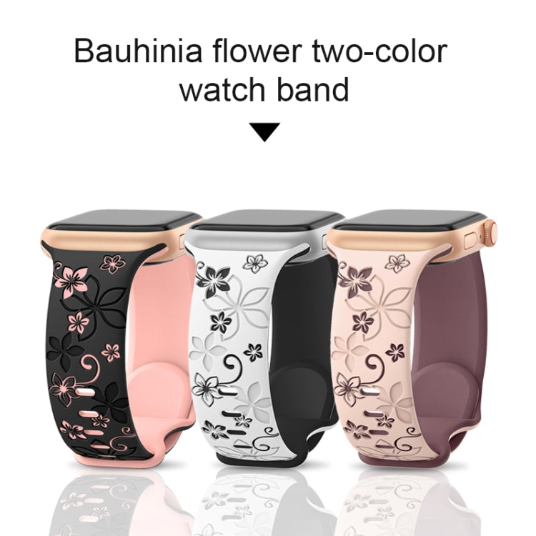 For Apple Watch Series 3 38mm Bauhinia Two-color Embossed Silicone Watch Band(Starlight Black)