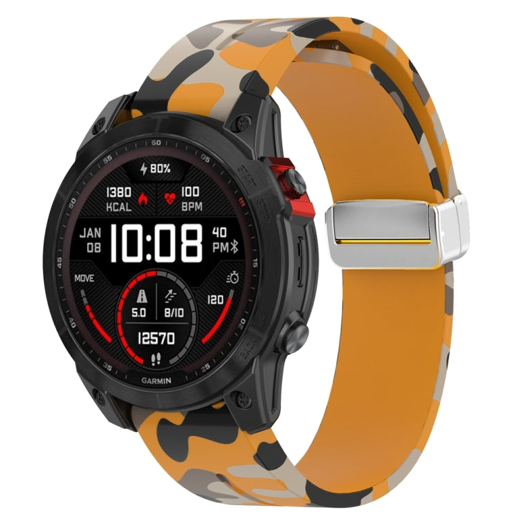 For Garmin Fenix 7S Magnetic Folding Silver Buckle Color Printed Silicone Watch Band(Camouflage Yellow) - free shipping - PMC TechLife - Order now!