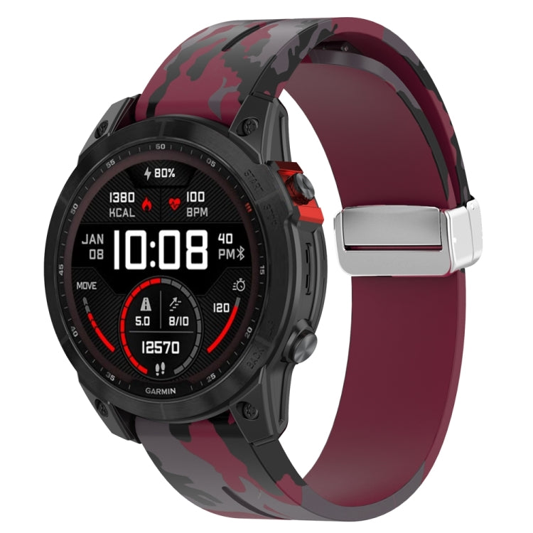 For Garmin Fenix 7S Magnetic Folding Silver Buckle Color Printed Silicone Watch Band(Camouflage Wine Red) - free shipping - PMC TechLife - Order now!