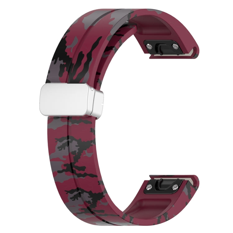 For Garmin Fenix 7S Magnetic Folding Silver Buckle Color Printed Silicone Watch Band(Camouflage Wine Red) - free shipping - PMC TechLife - Order now!