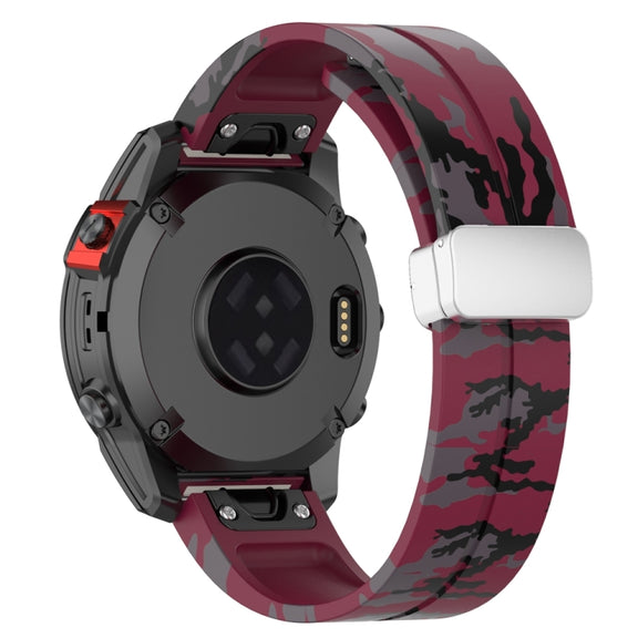For Garmin Fenix 7 Magnetic Folding Silver Buckle Color Printed Silicone Watch Band(Camouflage Wine Red)