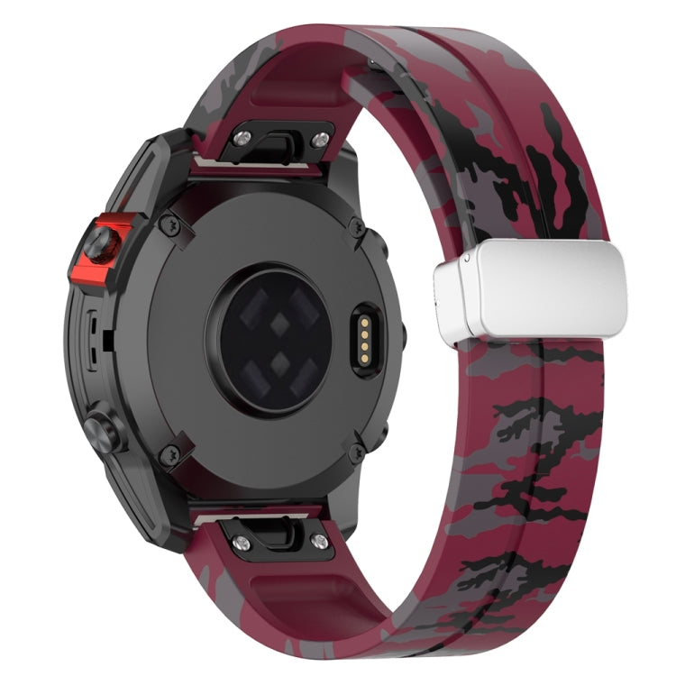 For Garmin Fenix 7 Magnetic Folding Silver Buckle Color Printed Silicone Watch Band(Camouflage Wine Red)