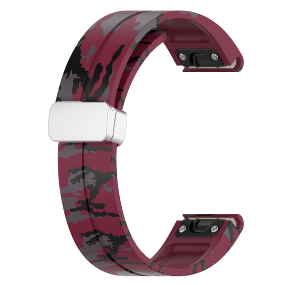 For Garmin Fenix 7 Magnetic Folding Silver Buckle Color Printed Silicone Watch Band(Camouflage Wine Red)