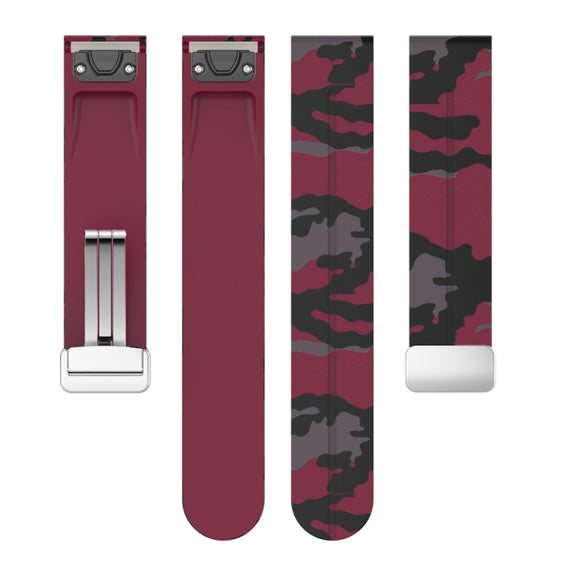 For Garmin Fenix 7 Magnetic Folding Silver Buckle Color Printed Silicone Watch Band(Camouflage Wine Red)
