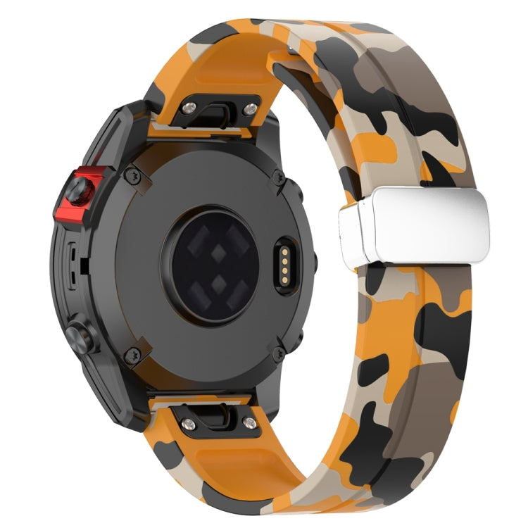For Garmin Fenix 7X Magnetic Folding Silver Buckle Color Printed Silicone Watch Band(Camouflage Yellow)