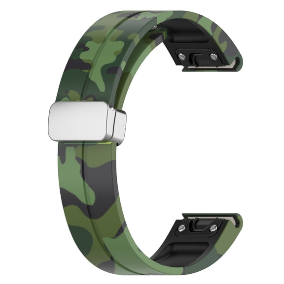 For Garmin Fenix 7X Magnetic Folding Silver Buckle Color Printed Silicone Watch Band(Camouflage Green)