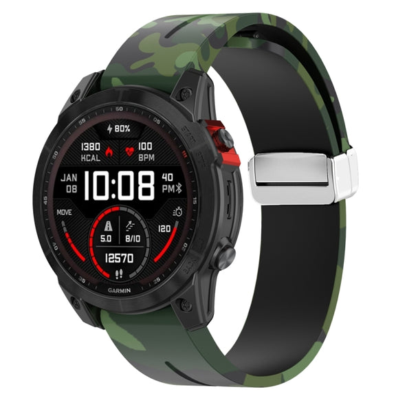 For Garmin Fenix 7X Magnetic Folding Silver Buckle Color Printed Silicone Watch Band(Camouflage Green)