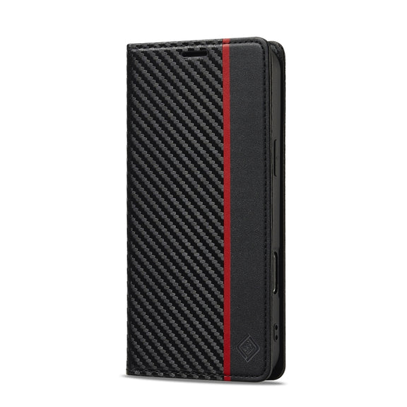 For iPhone 16 Pro Max LC.IMEEKE Carbon Fiber Leather Phone Case(Vertical Black)