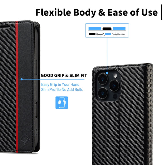 For iPhone 16 Pro LC.IMEEKE Carbon Fiber Leather Phone Case(Vertical Black)