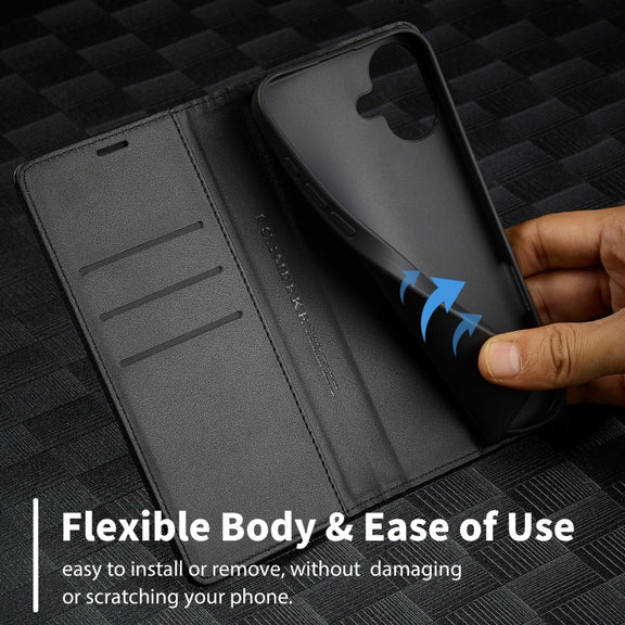 For iPhone 16 Plus LC.IMEEKE Carbon Fiber Leather Phone Case(Vertical Black)
