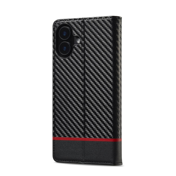 For iPhone 16 LC.IMEEKE Carbon Fiber Leather Phone Case(Horizontal Black)