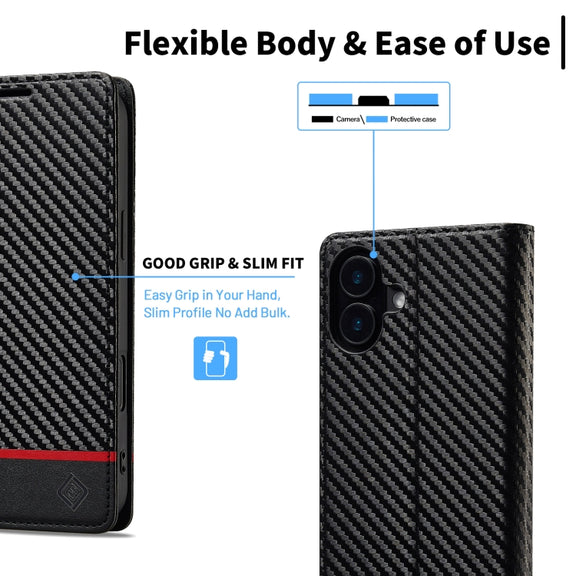 For iPhone 16 LC.IMEEKE Carbon Fiber Leather Phone Case(Horizontal Black)