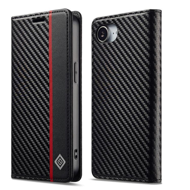 For iPhone 16e LC.IMEEKE Carbon Fiber Leather Phone Case(Vertical Black)