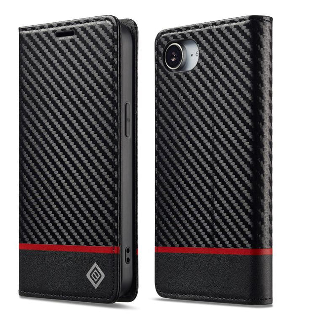 For iPhone 16e LC.IMEEKE Carbon Fiber Leather Phone Case(Horizontal Black)