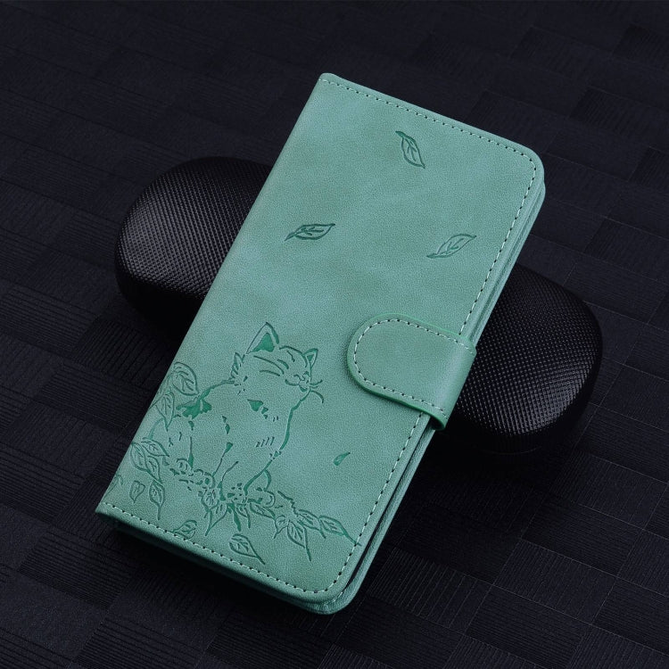For iPhone 16e Cute Cat Embossed Leather Phone Case(Green)