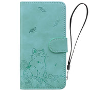 For iPhone 16e Cute Cat Embossed Leather Phone Case(Green)