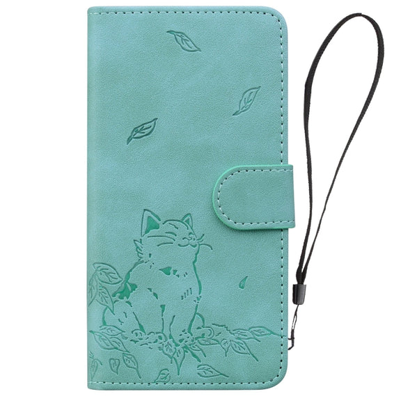 For iPhone 16e Cute Cat Embossed Leather Phone Case(Green)