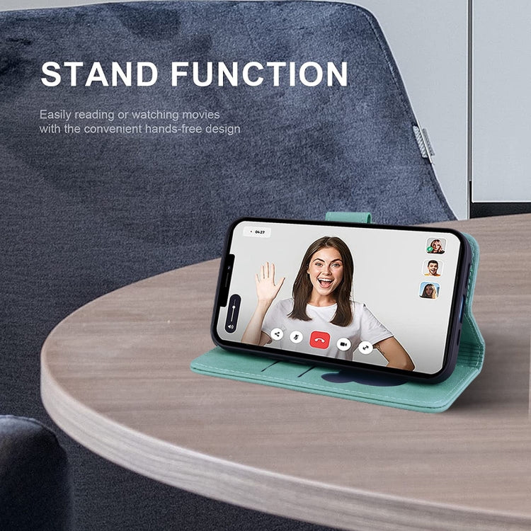 For iPhone 16e Cute Cat Embossed Leather Phone Case(Green) - iPhone 16e Cases by PMC TechLife | Online Shopping South Africa | PMC TechLife | Buy Now Pay Later Mobicred