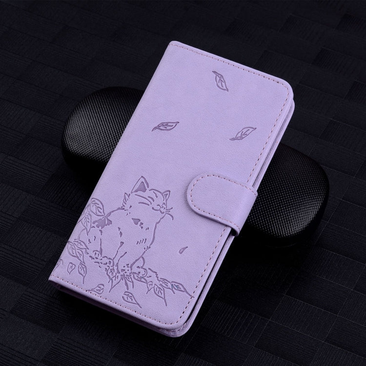 For iPhone 16e Cute Cat Embossed Leather Phone Case(Purple) - iPhone 16e Cases by PMC TechLife | Online Shopping South Africa | PMC TechLife | Buy Now Pay Later Mobicred